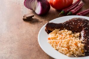Traditional mole Poblano with rice